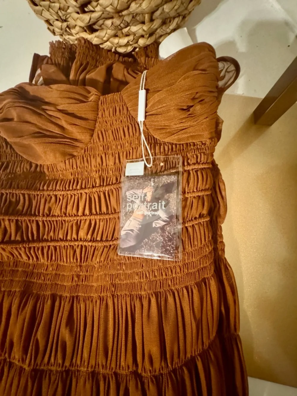 Self-Portrait Rust Brown Ruched Mesh Midi Dress - Picture 6 of 6